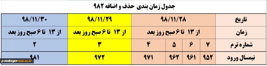 برنامه زمانبندی حذف و اضافه ترم بهمن 1398(982) 2