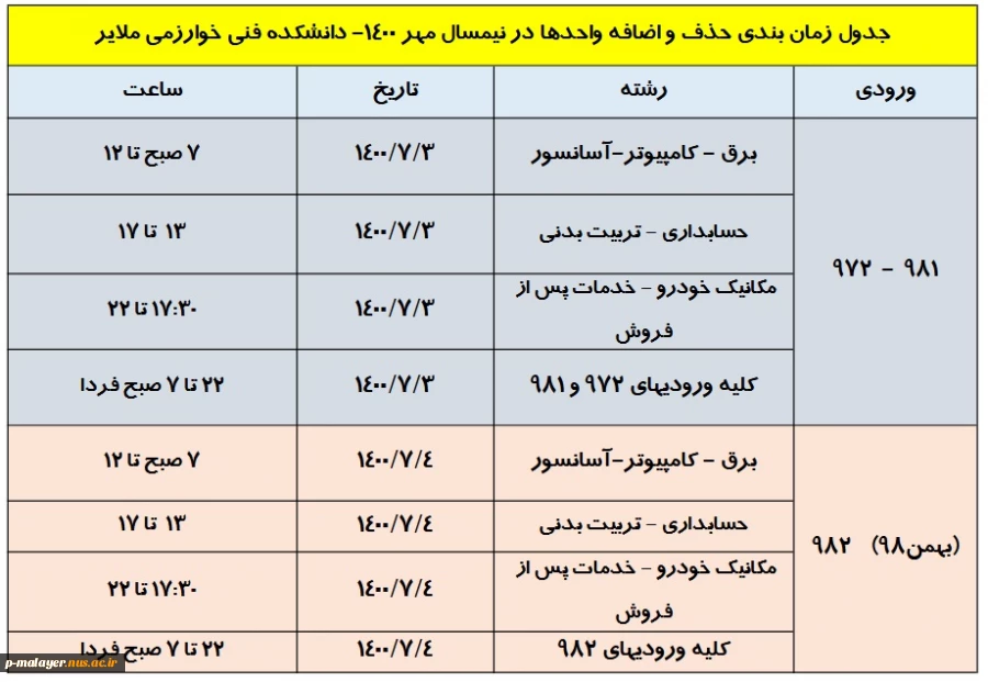 زمانبندی حذف و اضافه 1400-1401 2