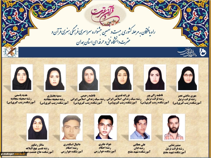 راه یافتگان به مرحله کشوری بیست و نهمین جشنواره سراسری فرهنگی هنری قرآن و عترت دانشگاه فنی و حرفه ای 2