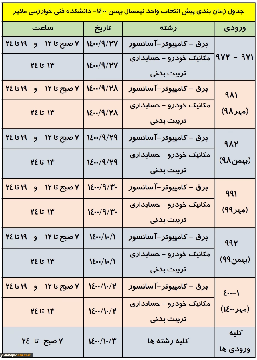 زمانبندی پیش انتخاب واحد 3