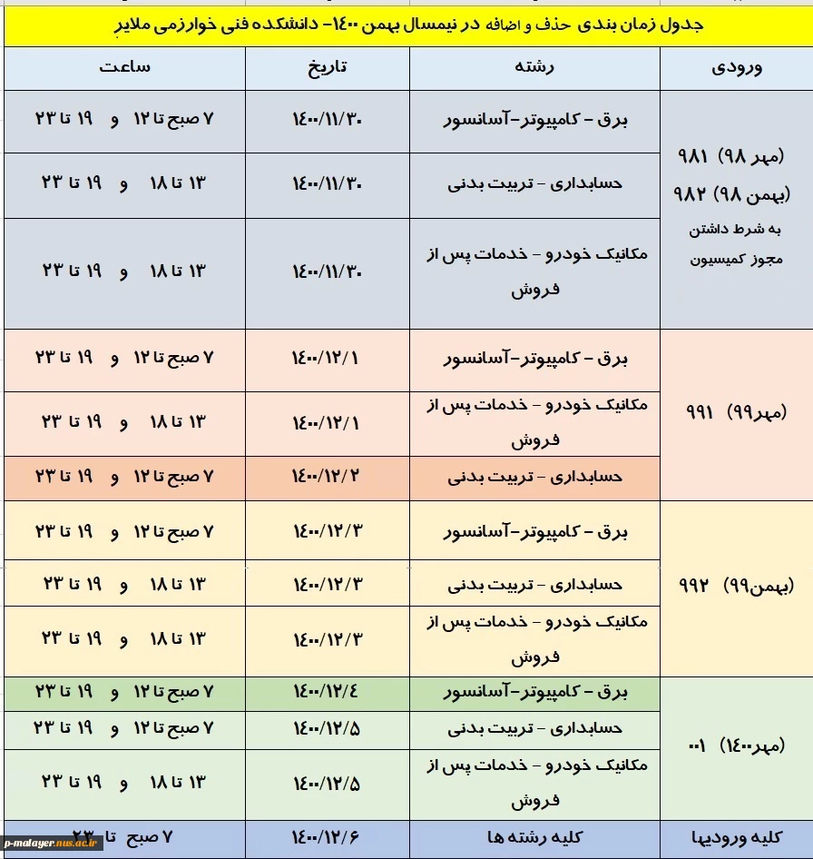زمانبندی حذف و اضافه نیمسال 1400-1401 2