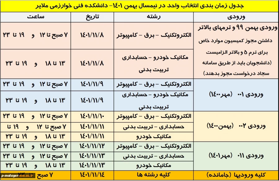 جدول زمانبندی انتخاب واحد بهمن 1401 2